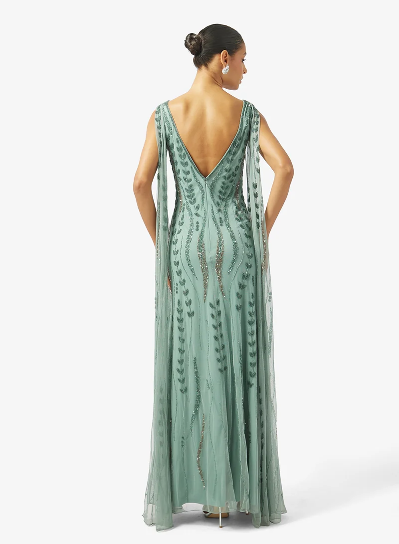 Namshi x Bead Embellished Evening Gown with Cape Sleeves